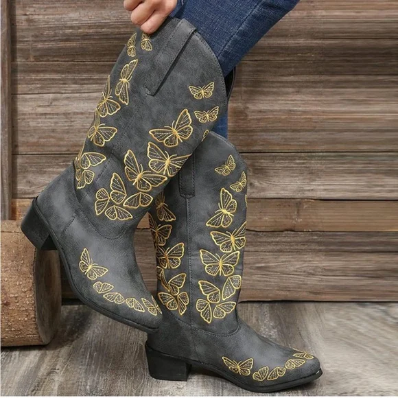 Embroidered Pull-On Chunky Heel Cowgirl Western Boots - Picture 1 of 10